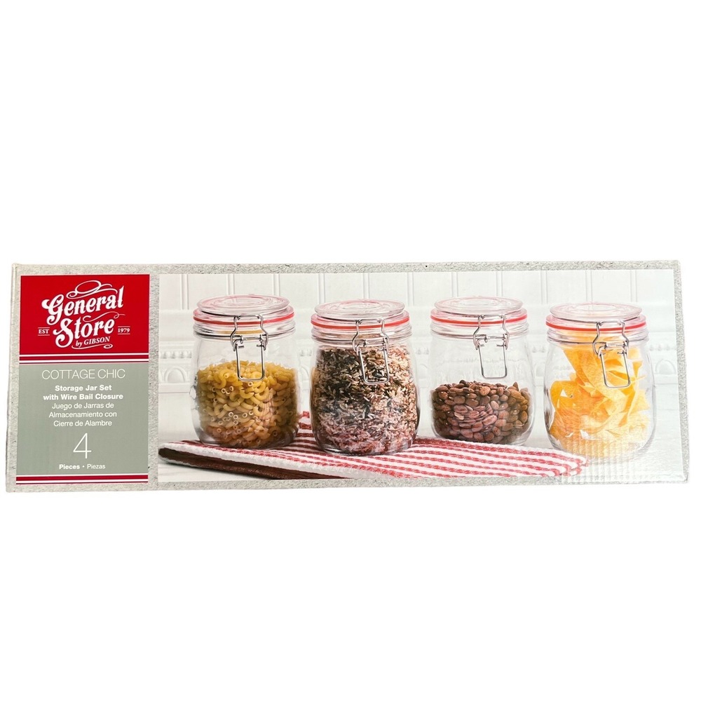 Gibson General Store 4-Piece Jar Set 22 Oz Clear Glass Farmhouse Cottage NIB